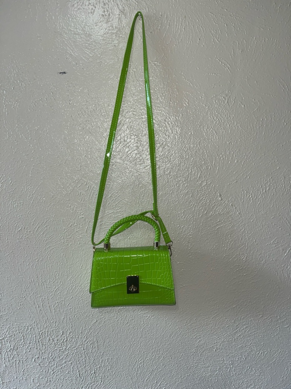 Structured Faux-Croc Small Shoulder Bag in Lime Green